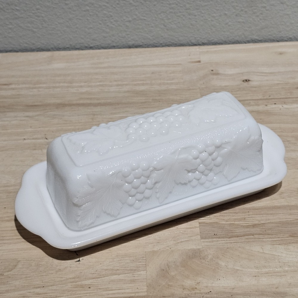 Imperial Milk Glass Covered Stick Butter Dish w/ Grapes Design